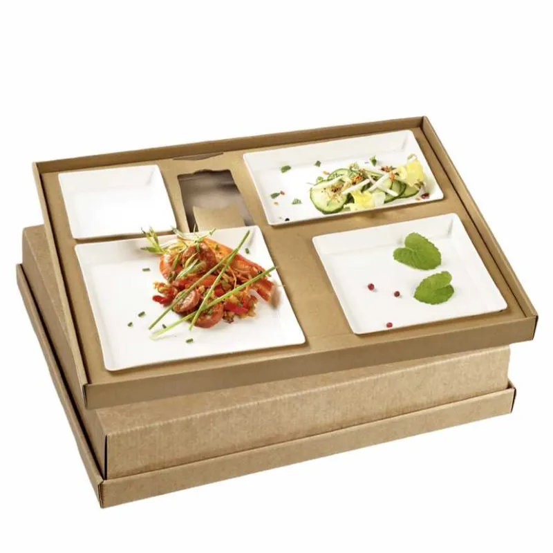 Plateau repas carton écokraft avec vaisselle blanche